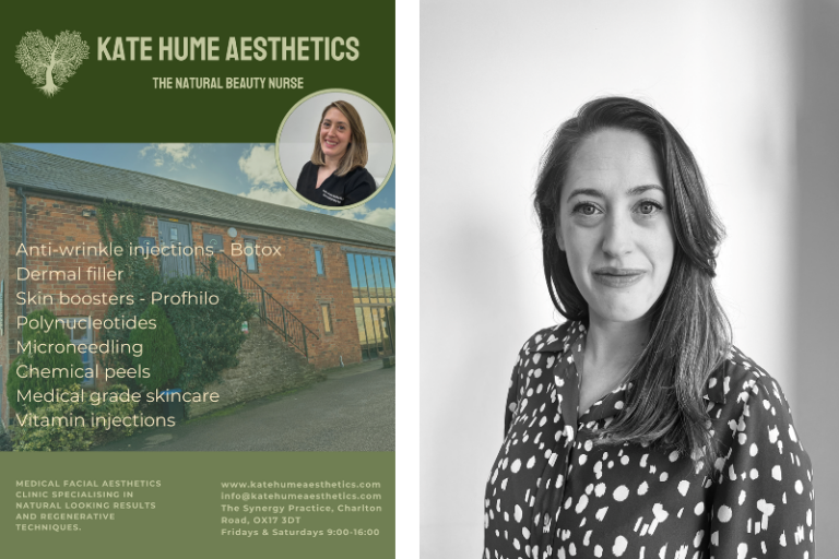 Phot of Kate Hume and advert for Kate Hume Aesthetics